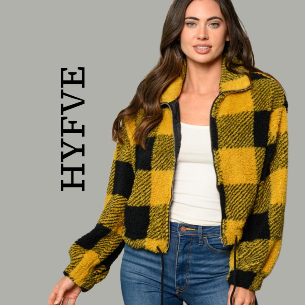 NWT HYFVE Long Sleeve Zip Up Plaid Crop Jacket Mustard & Black